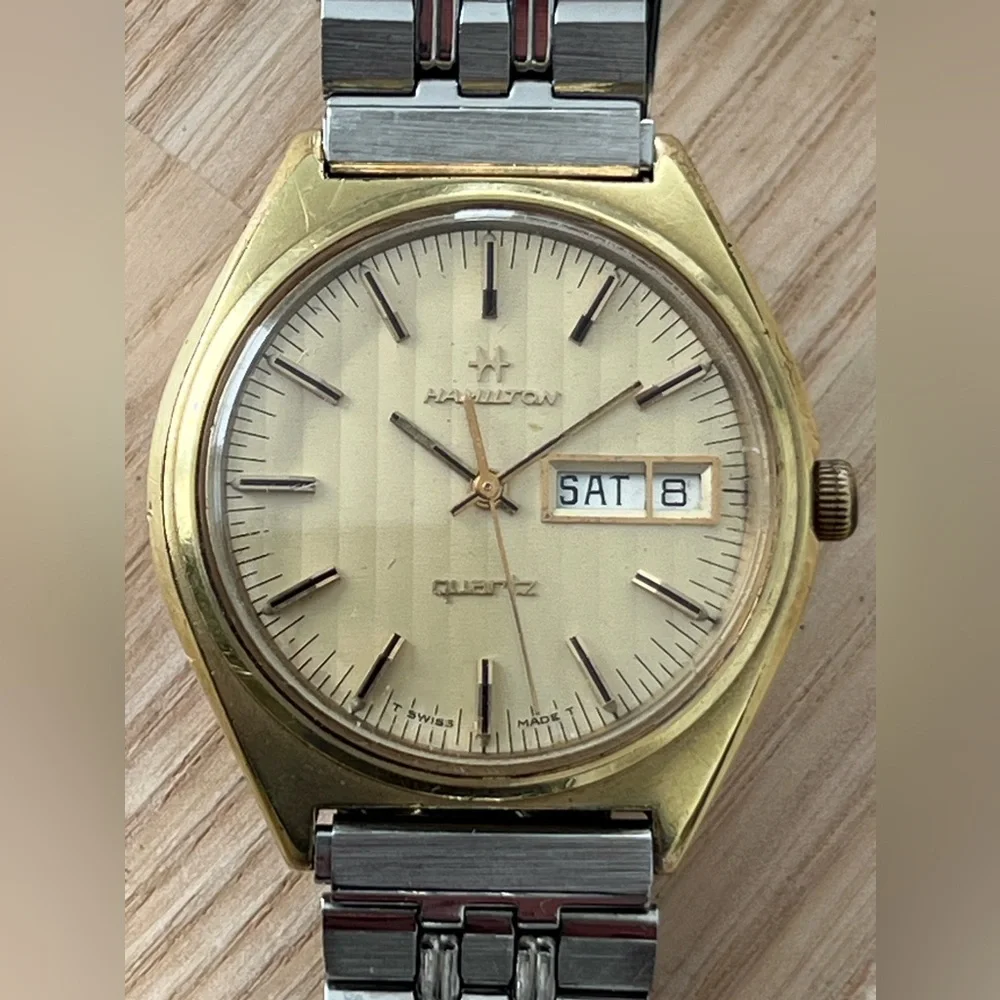 Hamilton 14K Gold Plated Rare Vintage Men’s Watch Stainless Bracelet Gold Dial